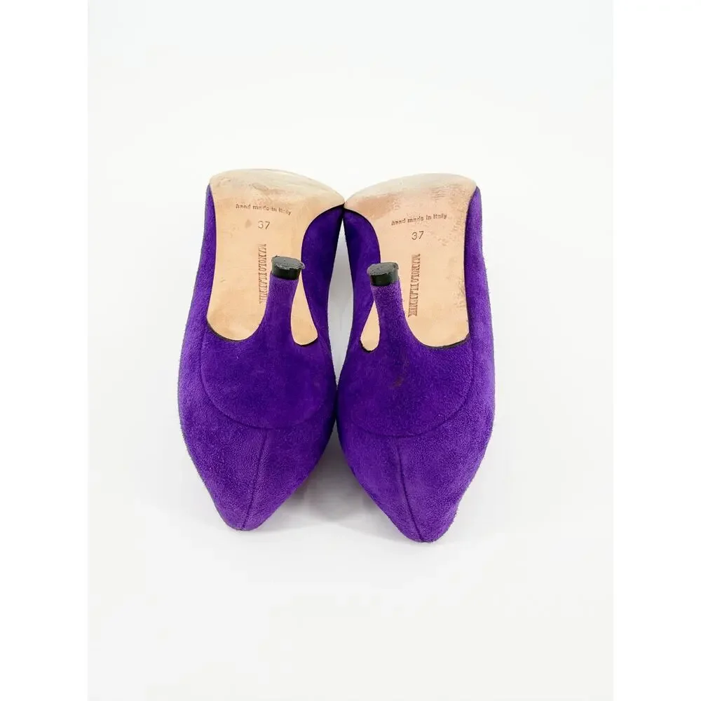 Manolo Blahnik BB Pumps Purple Suede Pointed Toe Low Kitten Heel Shoes 37